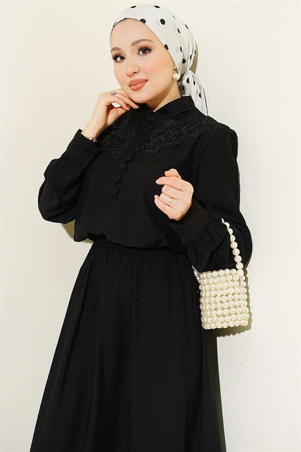 Lace Trimmed Half-British Buttoned Skirt 2 Piece Set, Black