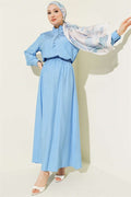 Lace Trimmed Half-British Buttoned Skirt 2 Piece Set, Blue