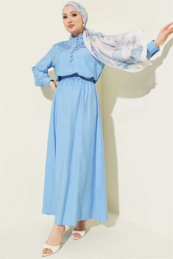 Lace Trimmed Half-British Buttoned Skirt 2 Piece Set, Blue