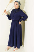 Navy Blue Lace Half-British Buttoned Skirt Suit
