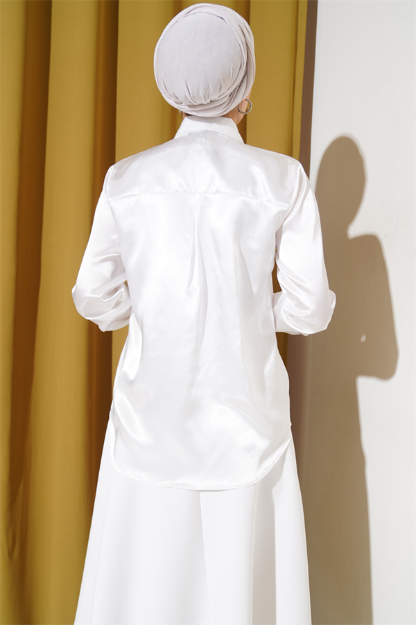 Lightly Draped Satin Shirt, White