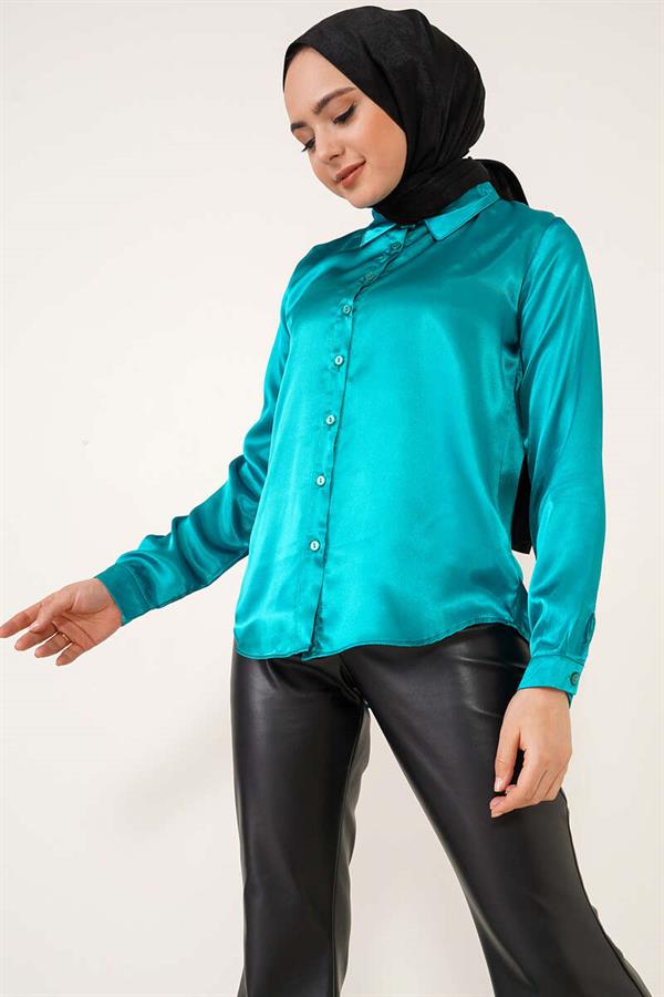 Lightly Flowing Satin Shirt Petrol