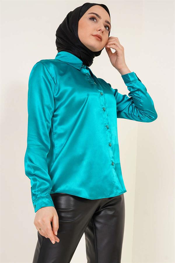 Lightly Flowing Satin Shirt Petrol