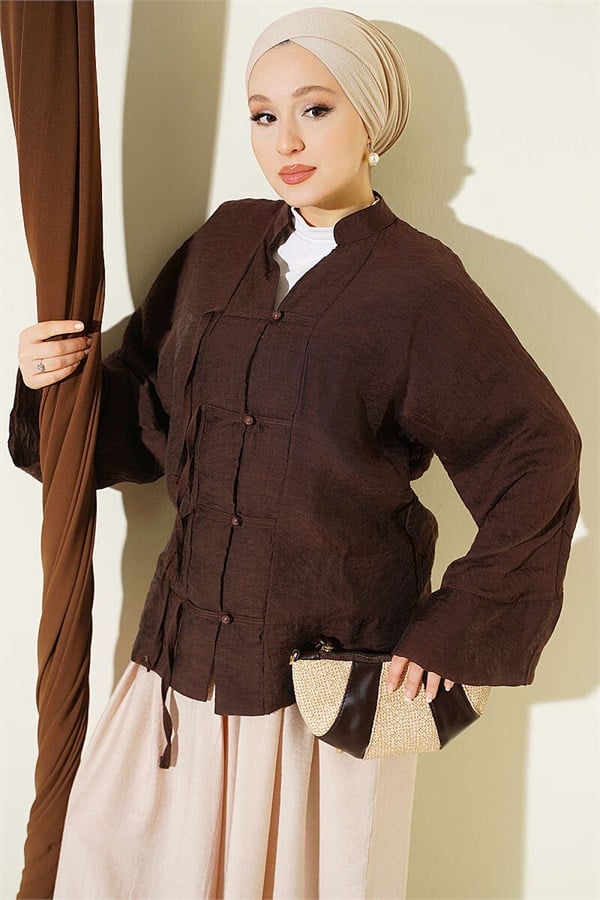 Mandarin Collar British Button-Down Shirt, Brown