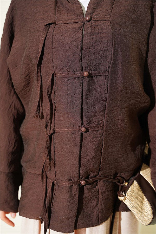 Mandarin Collar British Button-Down Shirt, Brown