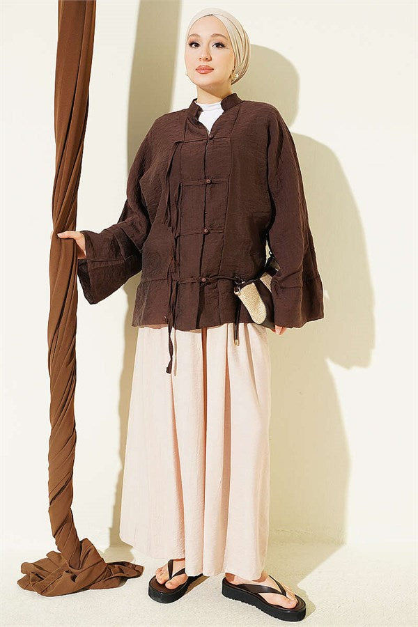 Mandarin Collar British Button-Down Shirt, Brown