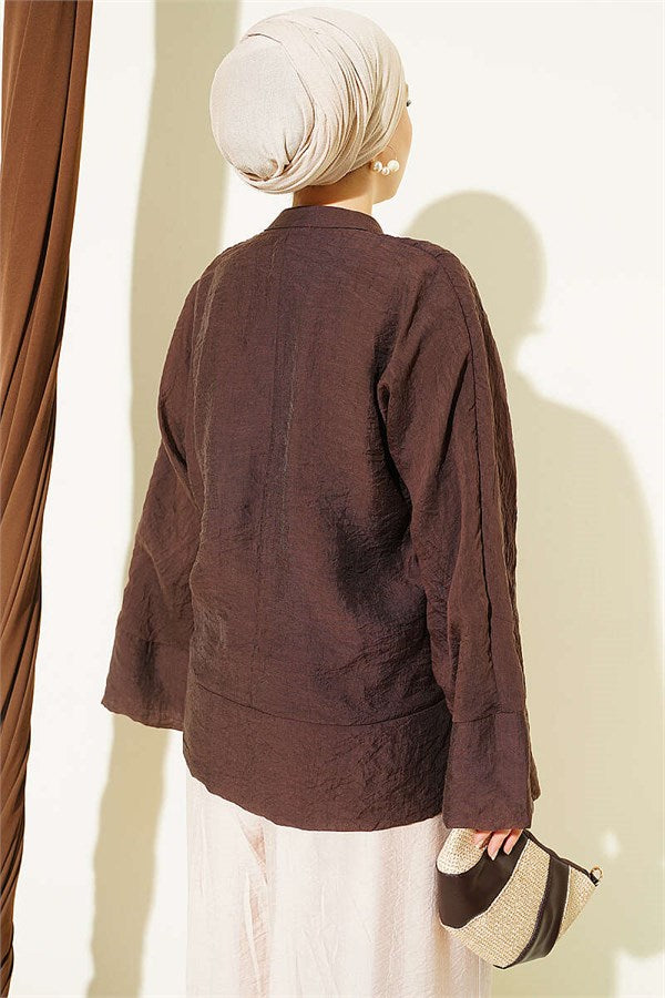 Mandarin Collar British Button-Down Shirt, Brown