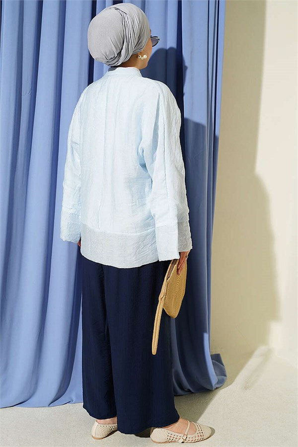 Mandarin Collar British Button-Down Shirt Blue