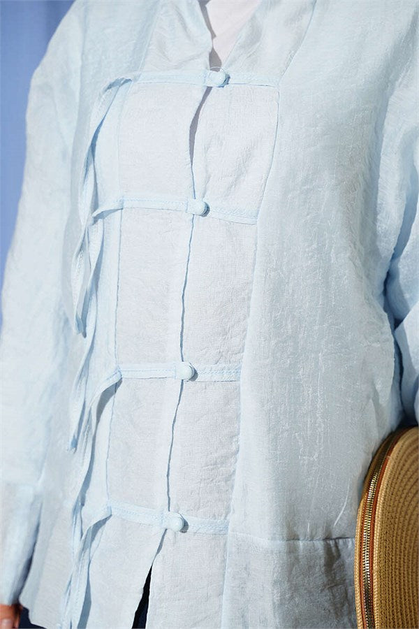 Mandarin Collar British Button-Down Shirt Blue