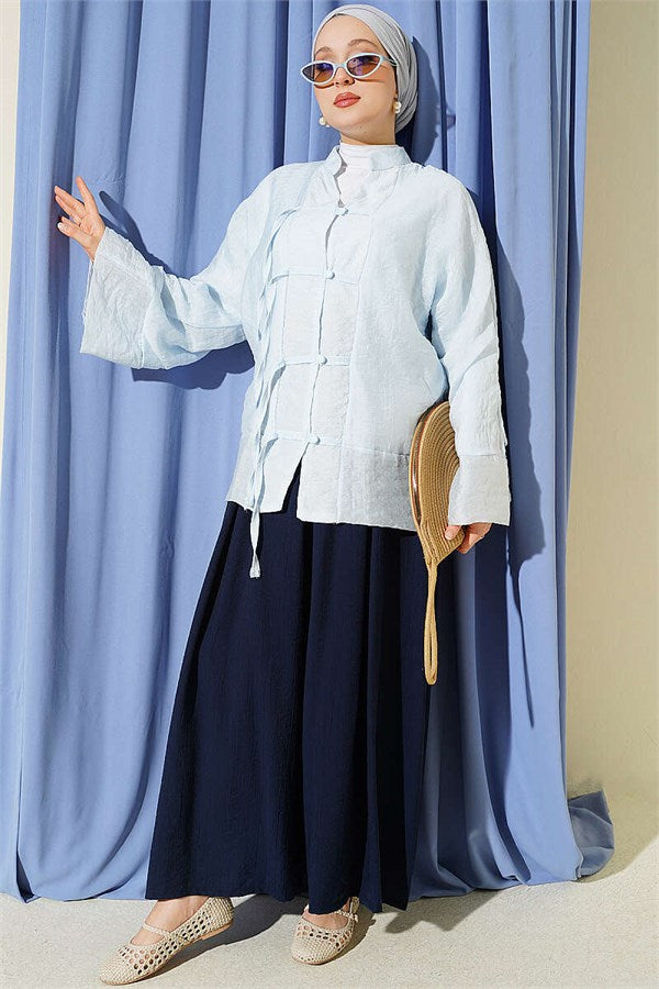 Mandarin Collar British Button-Down Shirt Blue