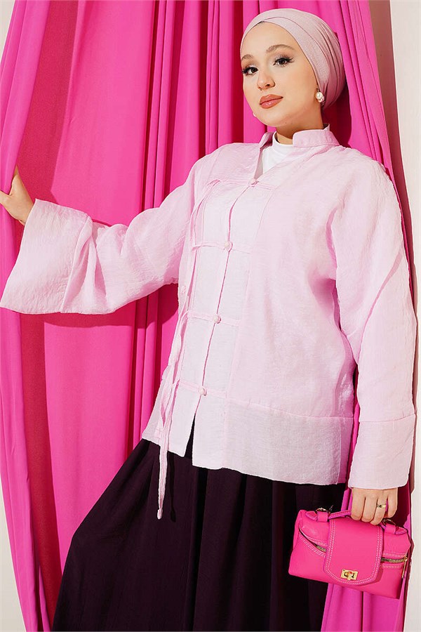 Mandarin Collar British Button-Down Shirt Pink