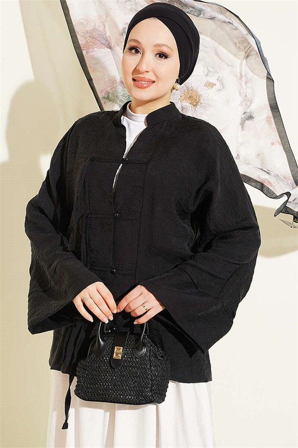 Mandarin Collar British Button-Down Shirt Black