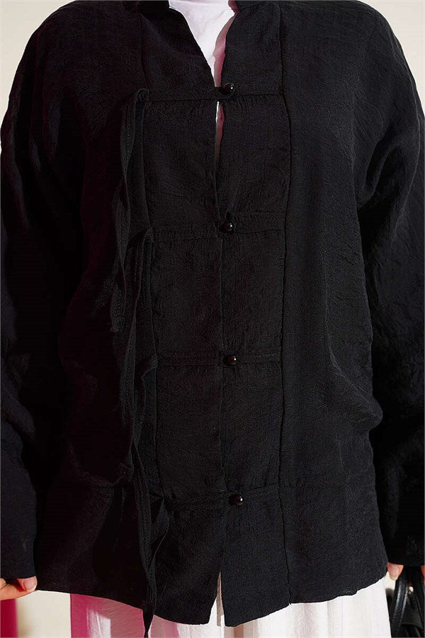 Mandarin Collar British Button-Down Shirt Black