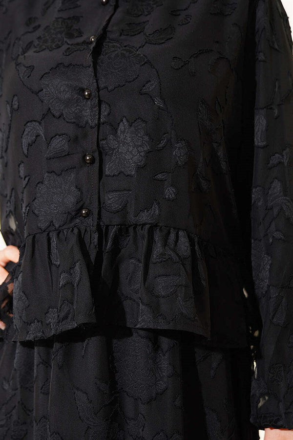 Mandarin Collar Floral Print Chiffon Skirt 2 Piece Set, Black