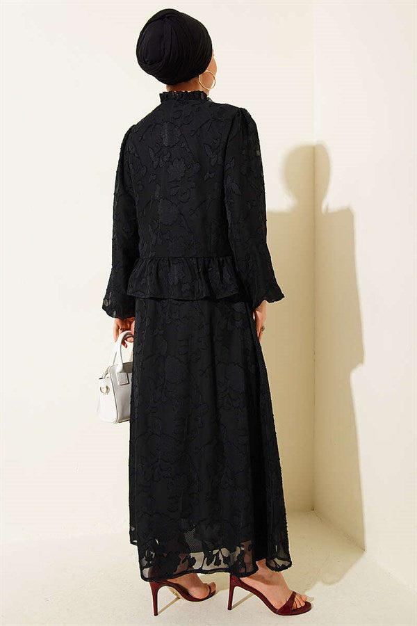 Mandarin Collar Floral Print Chiffon Skirt 2 Piece Set, Black