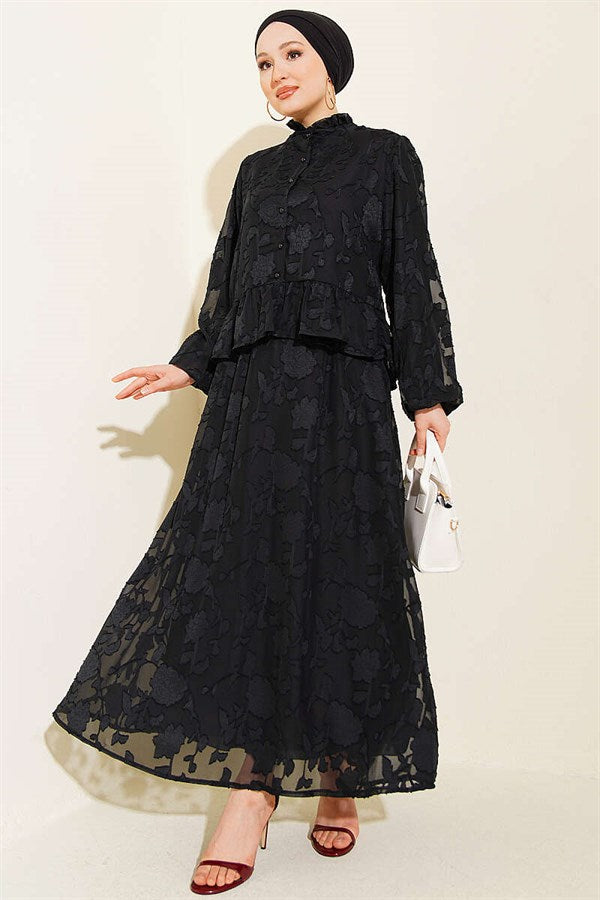 Mandarin Collar Floral Print Chiffon Skirt 2 Piece Set, Black