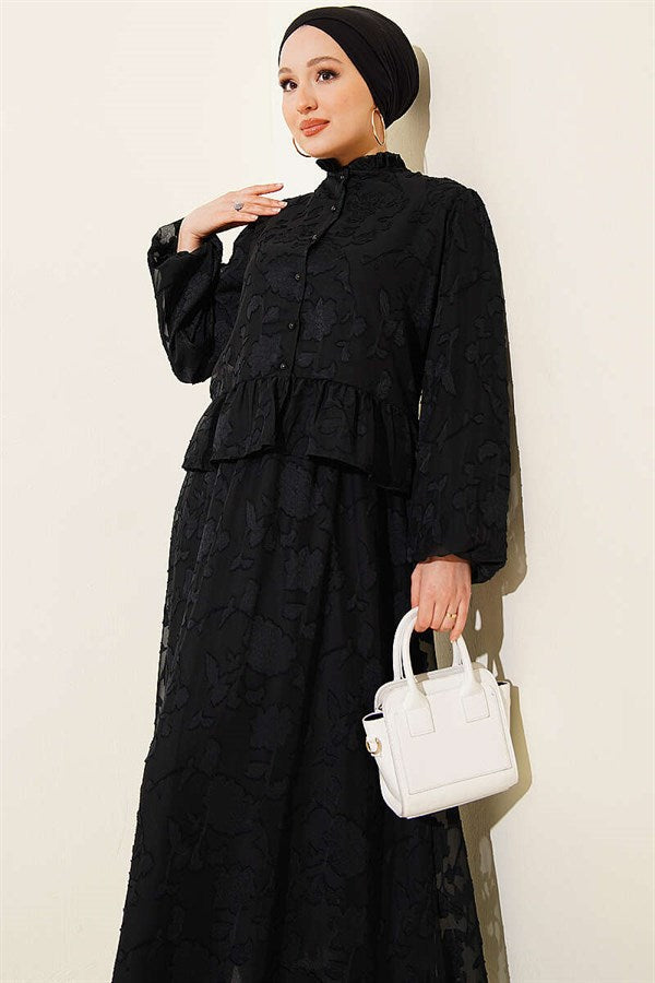Mandarin Collar Floral Print Chiffon Skirt 2 Piece Set, Black