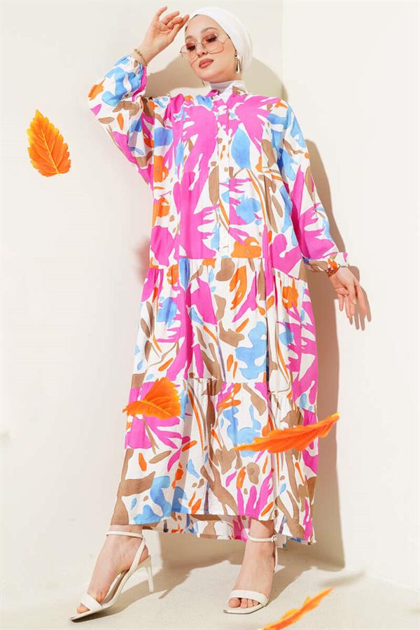 Judge Collar Patterned Layered Dress Fuchsia