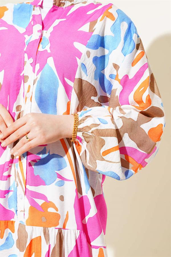 Judge Collar Patterned Layered Dress Fuchsia