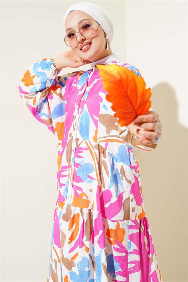 Judge Collar Patterned Layered Dress Fuchsia