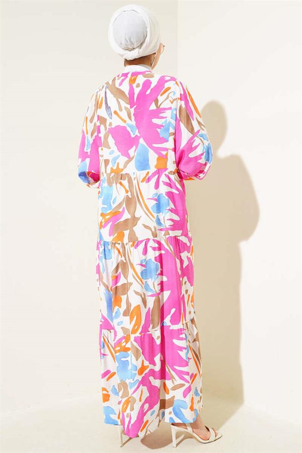 Judge Collar Patterned Layered Dress Fuchsia