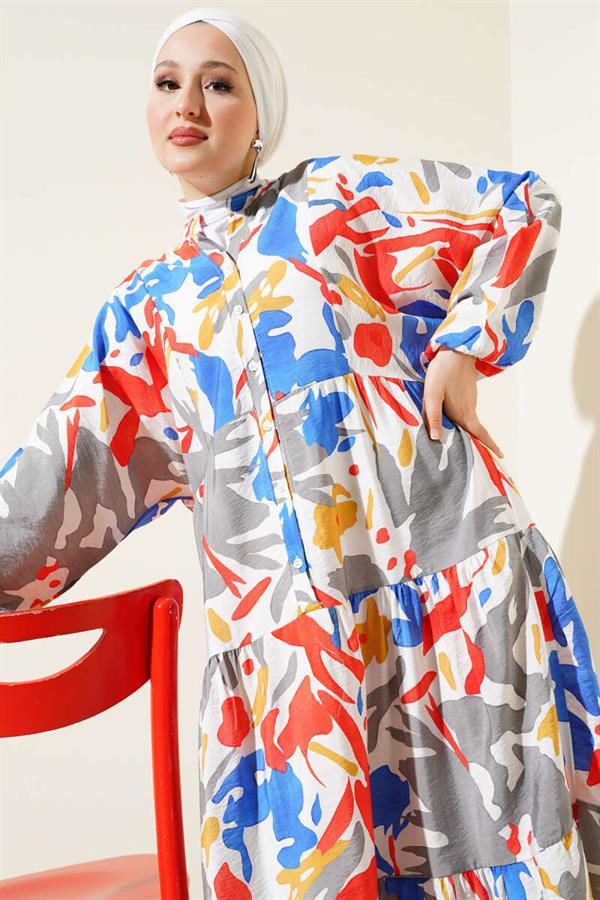 Mandarin Collar Patterned Layered Dress Blue
