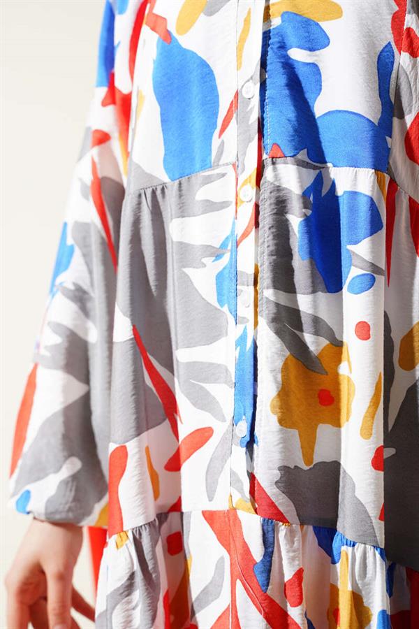 Mandarin Collar Patterned Layered Dress Blue