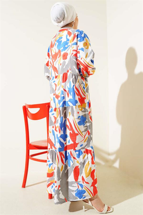 Mandarin Collar Patterned Layered Dress Blue