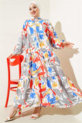 Mandarin Collar Patterned Layered Dress Blue