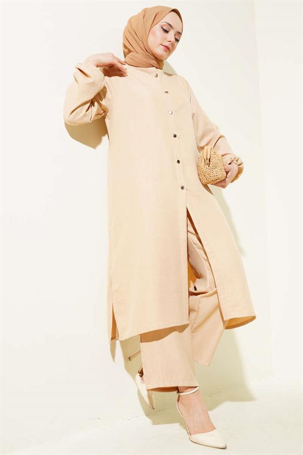 Double Breasted Buttoned 2 Piece Set Camel