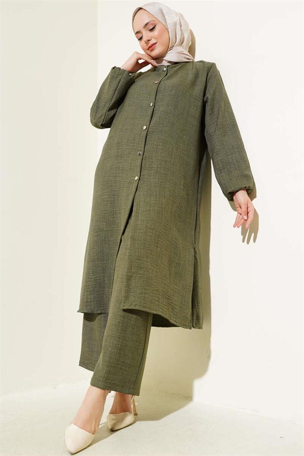 Double Breasted Buttoned 2 Piece Set Khaki