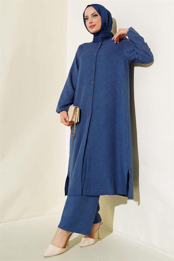 Double Breasted Buttoned 2 Piece Set Indigo