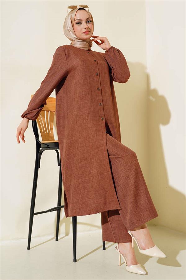 Double Breasted Buttoned Blazer 2 Piece Set Brown