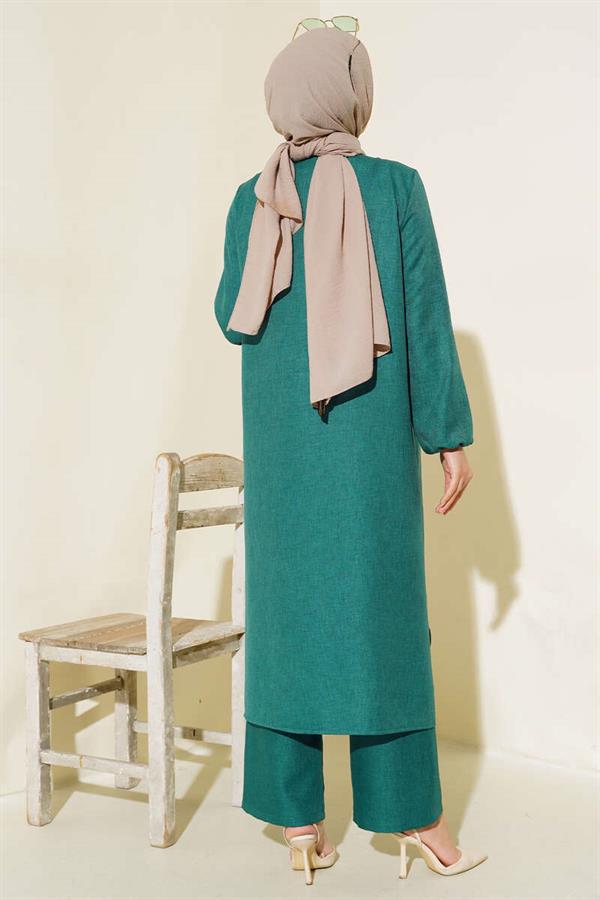 Double Breasted Buttoned 2 Piece Set Green