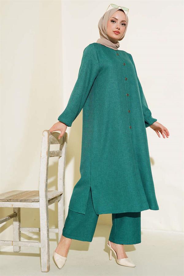 Double Breasted Buttoned 2 Piece Set Green