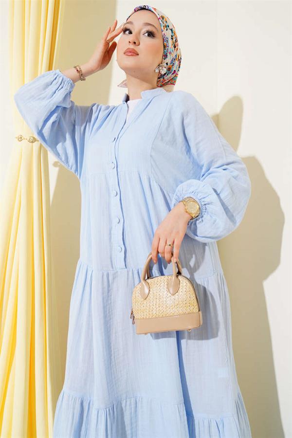 Grandad Collar Buttoned Floor Dress Blue