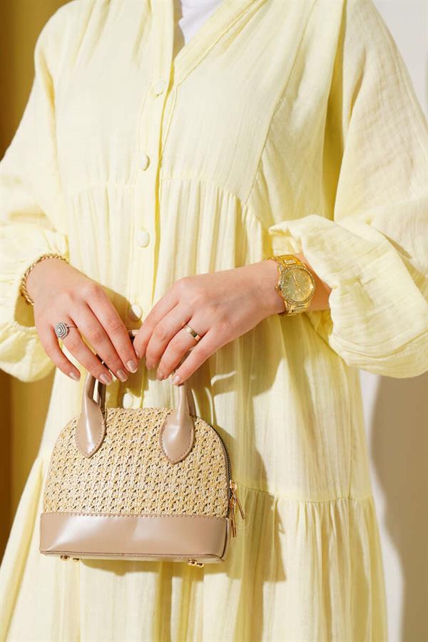Grandad Collar Buttoned Floor Dress Yellow