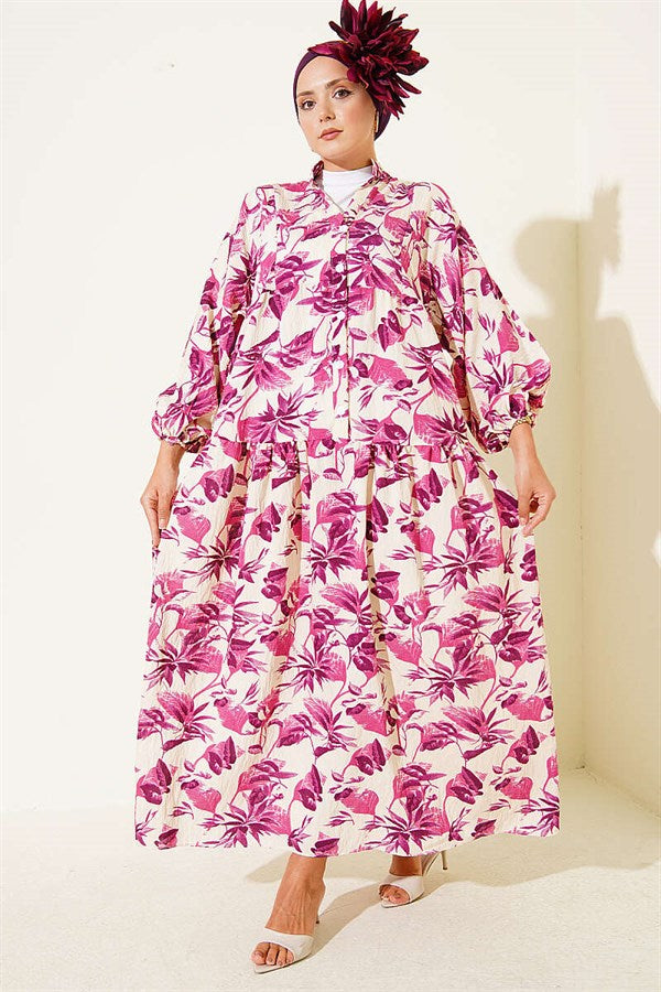 Mandarin Collar Buttoned Layered Pattern Dress Violet