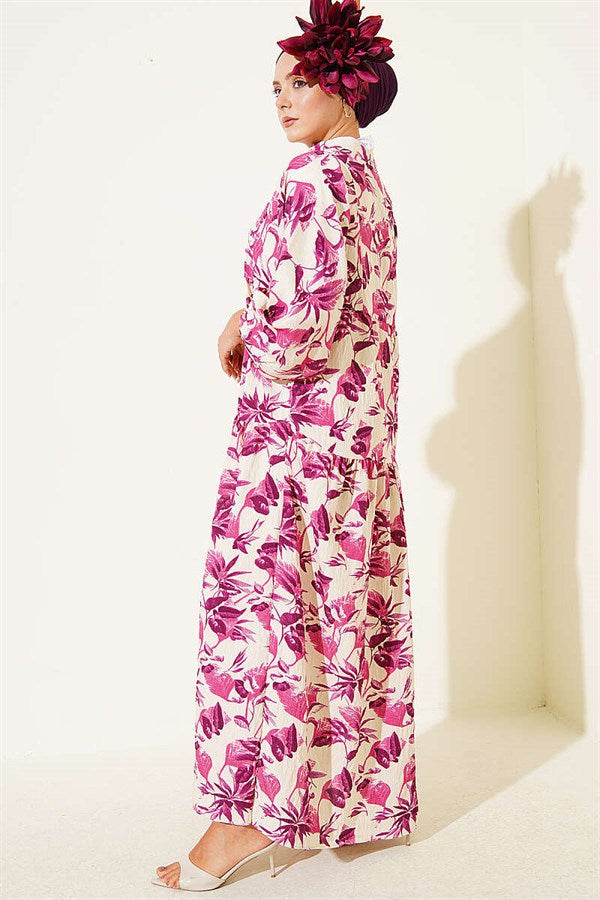 Mandarin Collar Buttoned Layered Pattern Dress Violet
