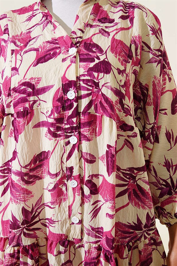 Mandarin Collar Buttoned Layered Pattern Dress Violet