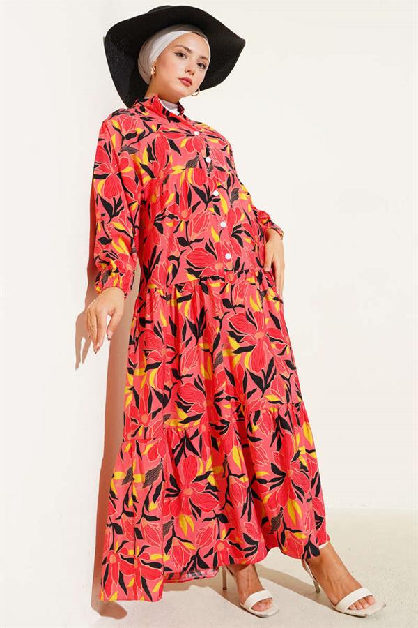 Grandad Collar Floral Patterned Dress Alizarin