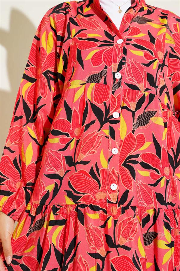 Grandad Collar Floral Patterned Dress Alizarin