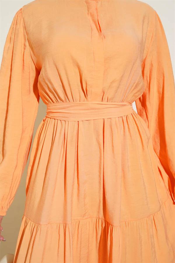 Grandad Collar Hidden Button Floor Dress Orange