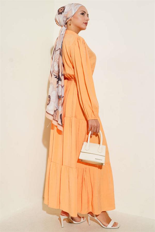 Grandad Collar Hidden Button Floor Dress Orange
