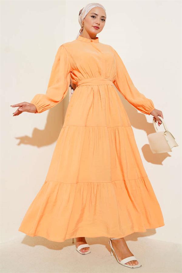 Grandad Collar Hidden Button Floor Dress Orange