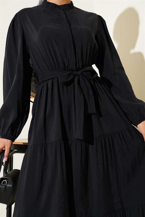 Grandad Collar Hidden Button Floor Dress Black