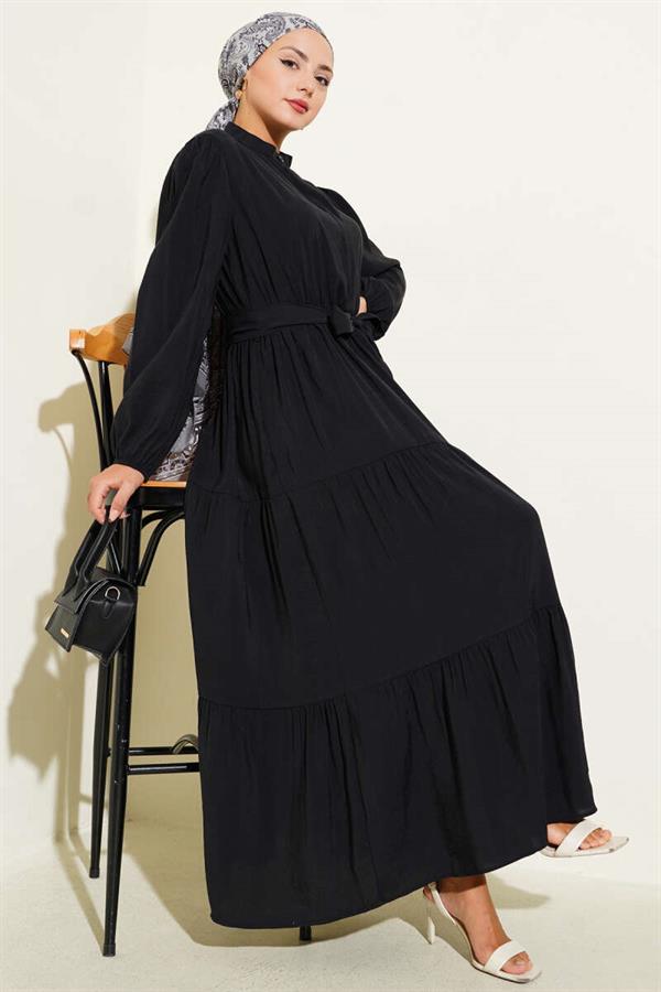 Grandad Collar Hidden Button Floor Dress Black