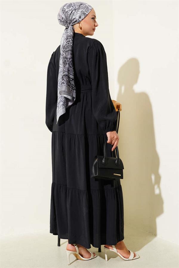 Grandad Collar Hidden Button Floor Dress Black