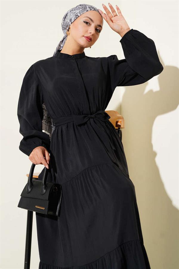 Grandad Collar Hidden Button Floor Dress Black