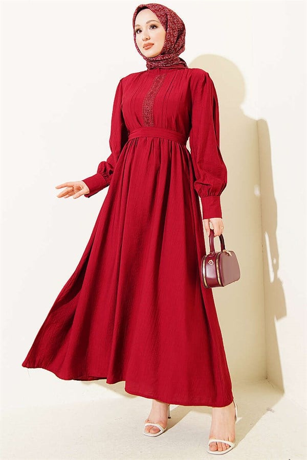 Mandarin Collar Lace Belted Dress, Burgundy